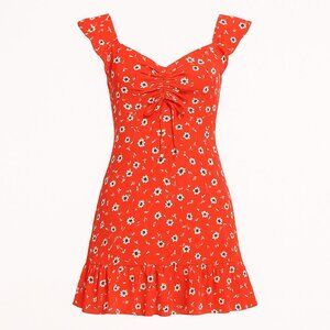 Lulus - Red Ditsy Floral Ruffle Mini Dress Ruched Bodice Flutter Sleeve | S